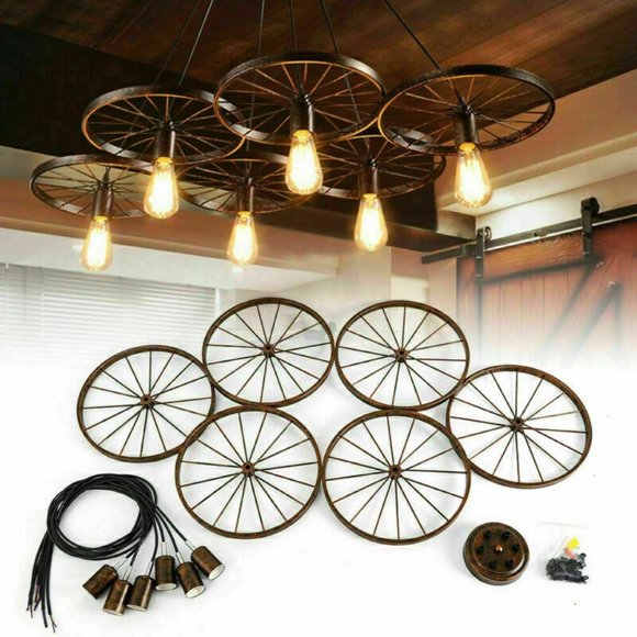 Rustic 6 Bulb Wagon Wheel Chandelier Distressed Bronze Finish Home Business - Picture 5 of 16